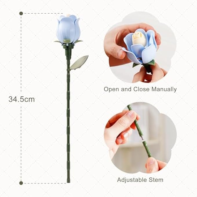 FLOWERS 3D PUZZLE BUILDING TOY SET, MODEL KITS, ROSES CAMELLIA FLOWERS, ARTIFICIAL BOUQUET KIT, HOME DECORATION ACCESSORIES, ARTIFICIAL PLANT GIFTS (BLUE ROSE) - Image 4